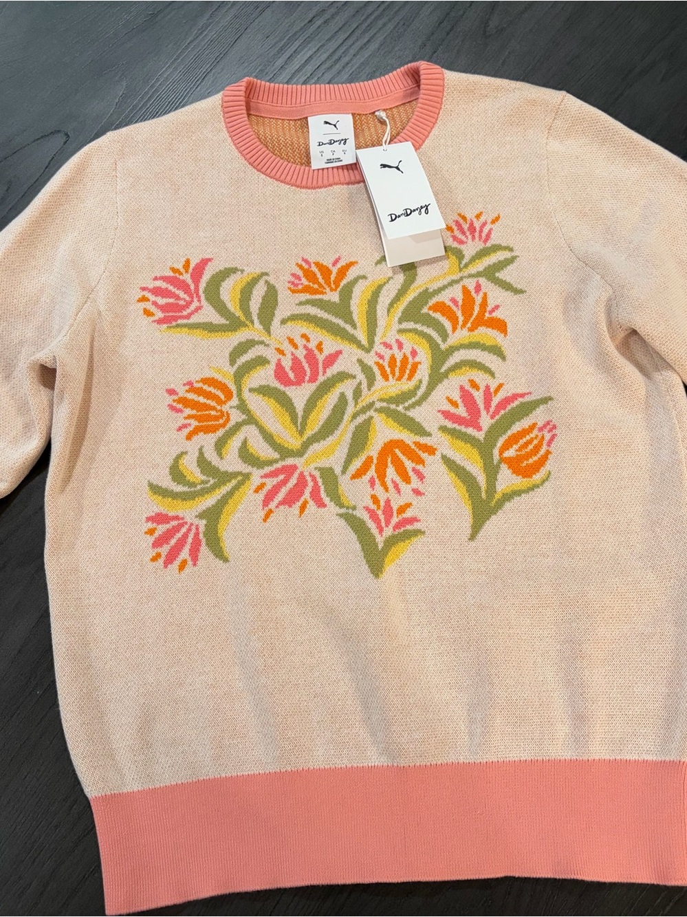 PUMA x Dauphinette Floral Knit Crewneck Sweater Cream Pink NWT